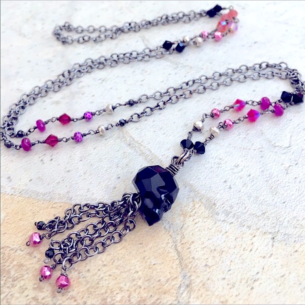 Jet BLK Swarovski Crystal Skull Gemstone Necklace